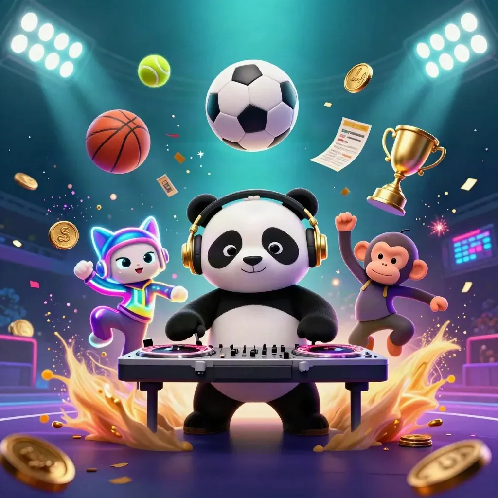 Low-angle casino-sport key art with panda DJ, breakdancing monkey, glow kitten, flying balls and gold light.