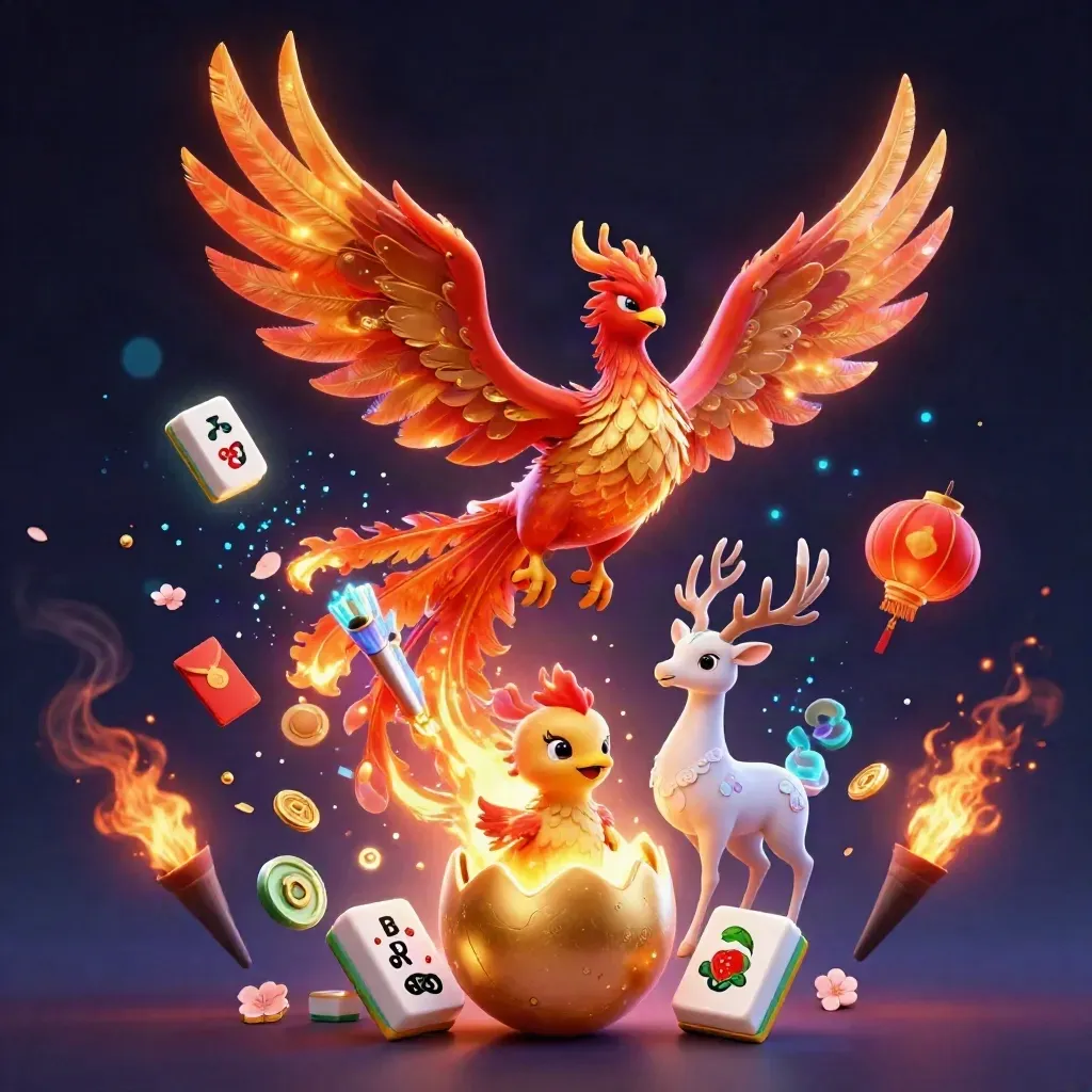 Phoenix, hatchling, and crystal stag amid neon casino treasures on a dark mystical backdrop.