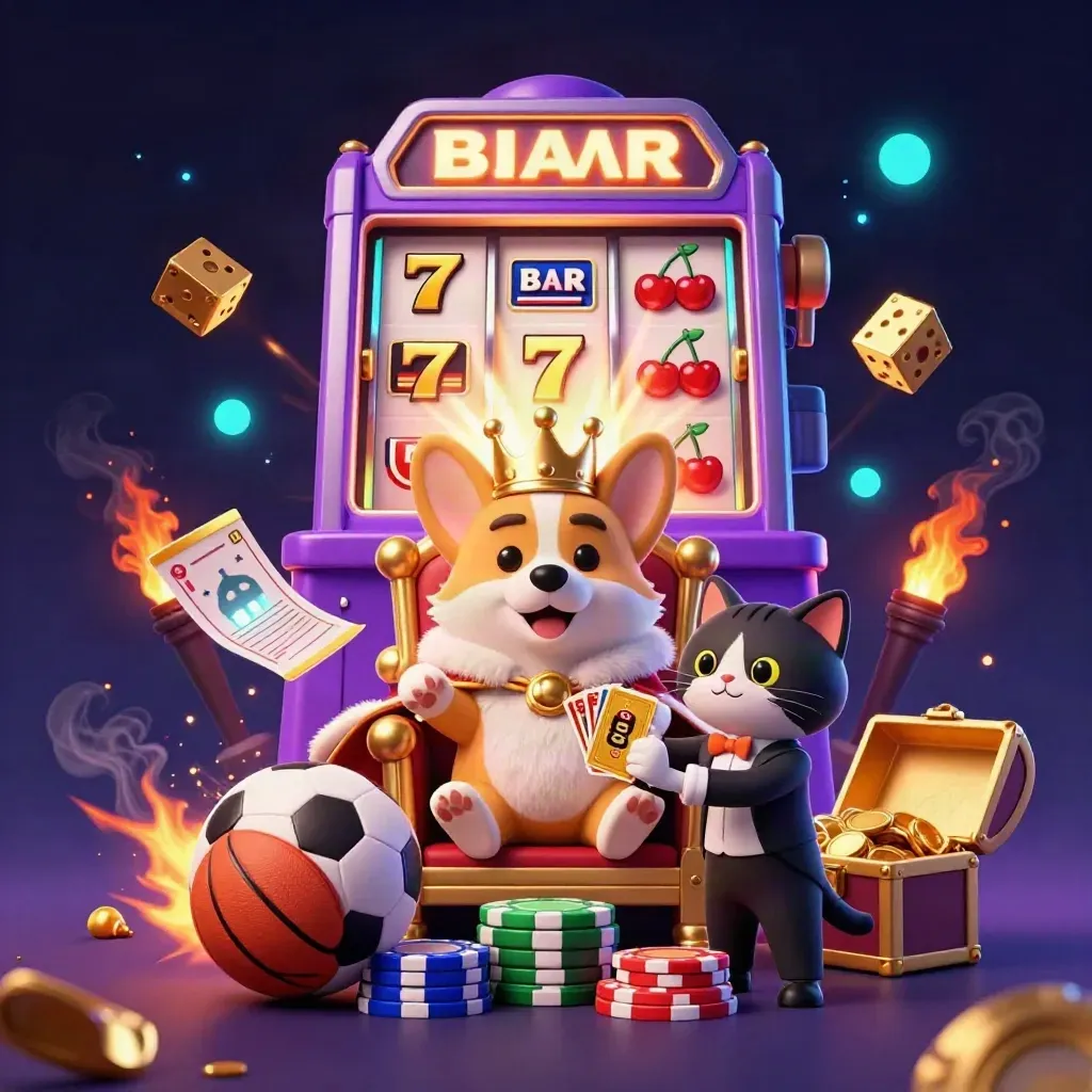 Royal corgi and cat butler amid slot bursts, sports balls, gold, and neon casino lights.