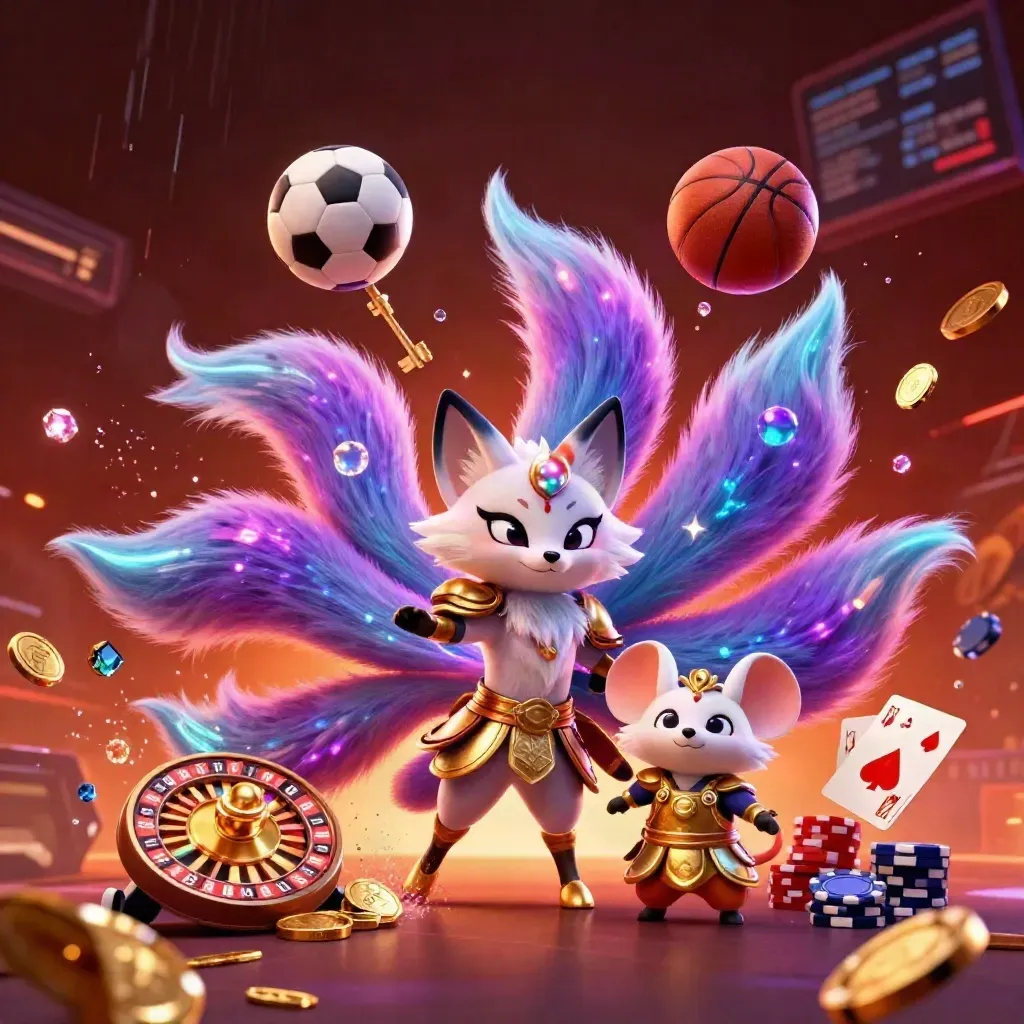 Neon fox spirit and armored mouse amid flying casino symbols, balls, and glowing embers.