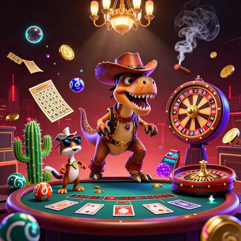 Cowboy T-Rex, cactus sidekick, and roadrunner amid jackpots, brass, smoke, and neon casino glow.