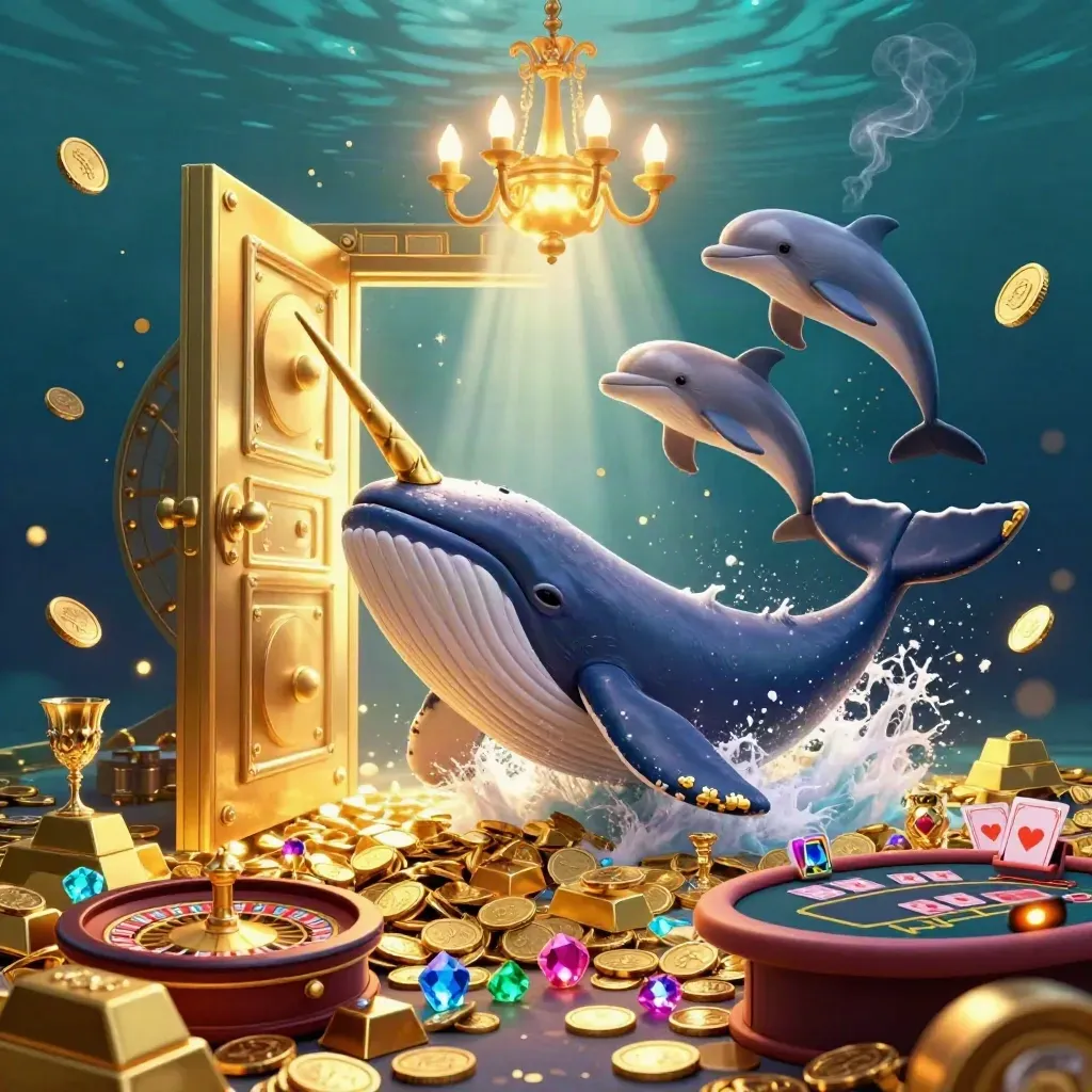 Whale captain, narwhal, and dolphins burst from coins around a golden vault in neon casino glow.