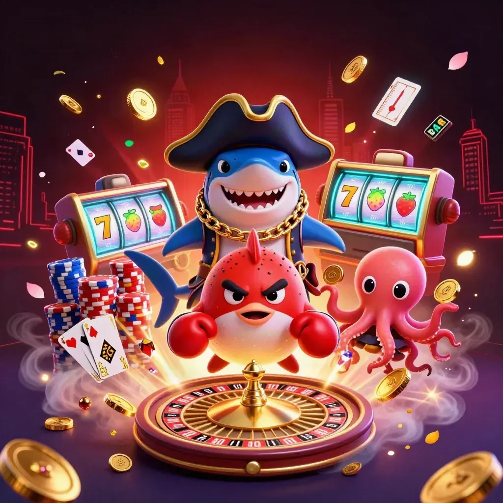 Shark pirate, boxing pufferfish, and juggling octopus with casino bursts and neon glow.