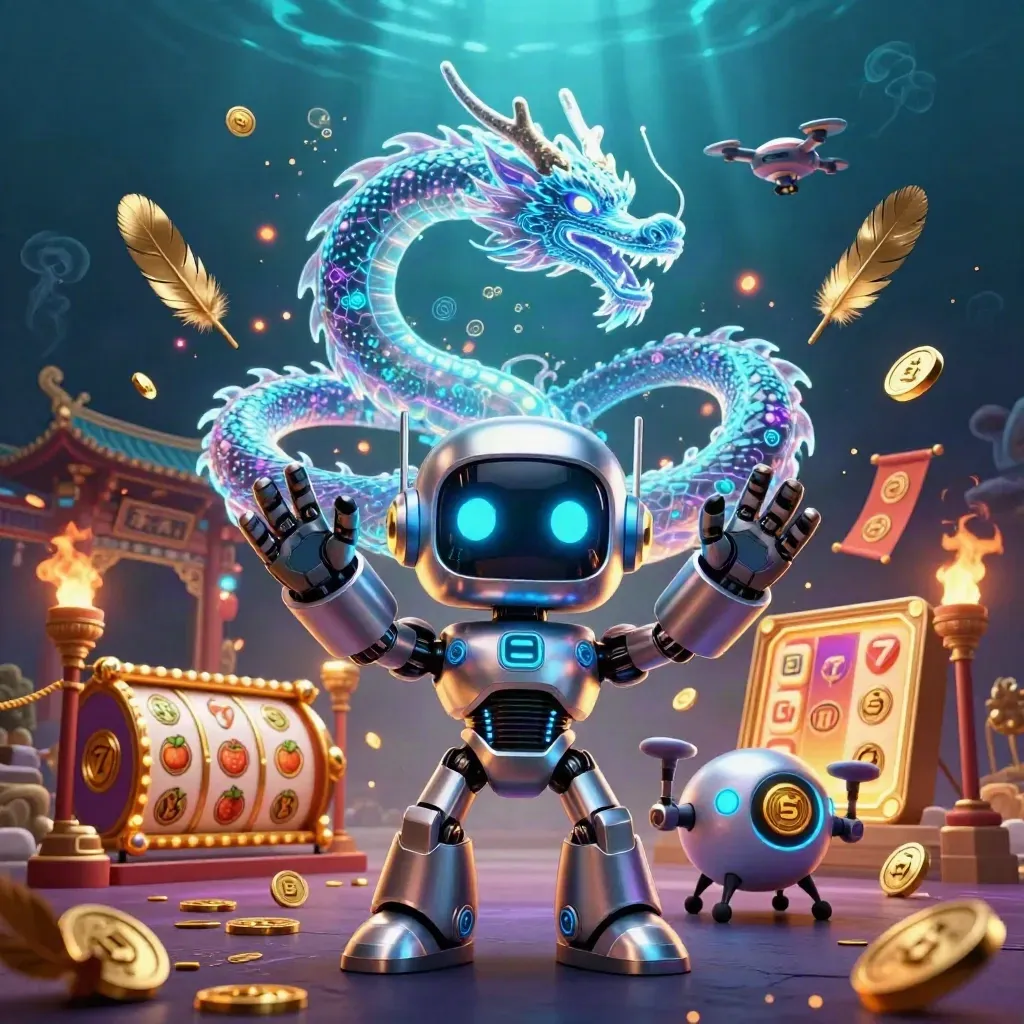 Robot mascot, holographic dragon, and drone in a gold burst before an underwater temple gate.