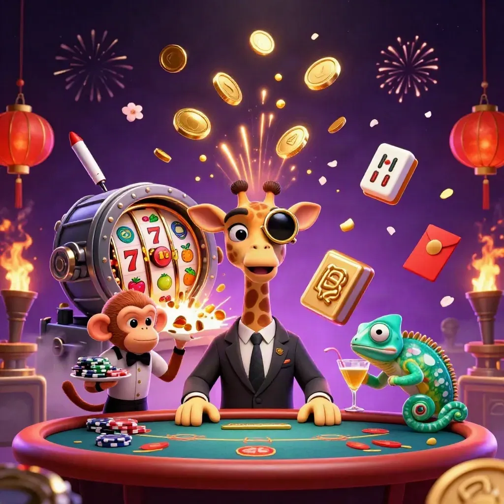 Giraffe, monkey, and chameleon amid jackpots, coins, lanterns, and fireworks in neon casino glow.