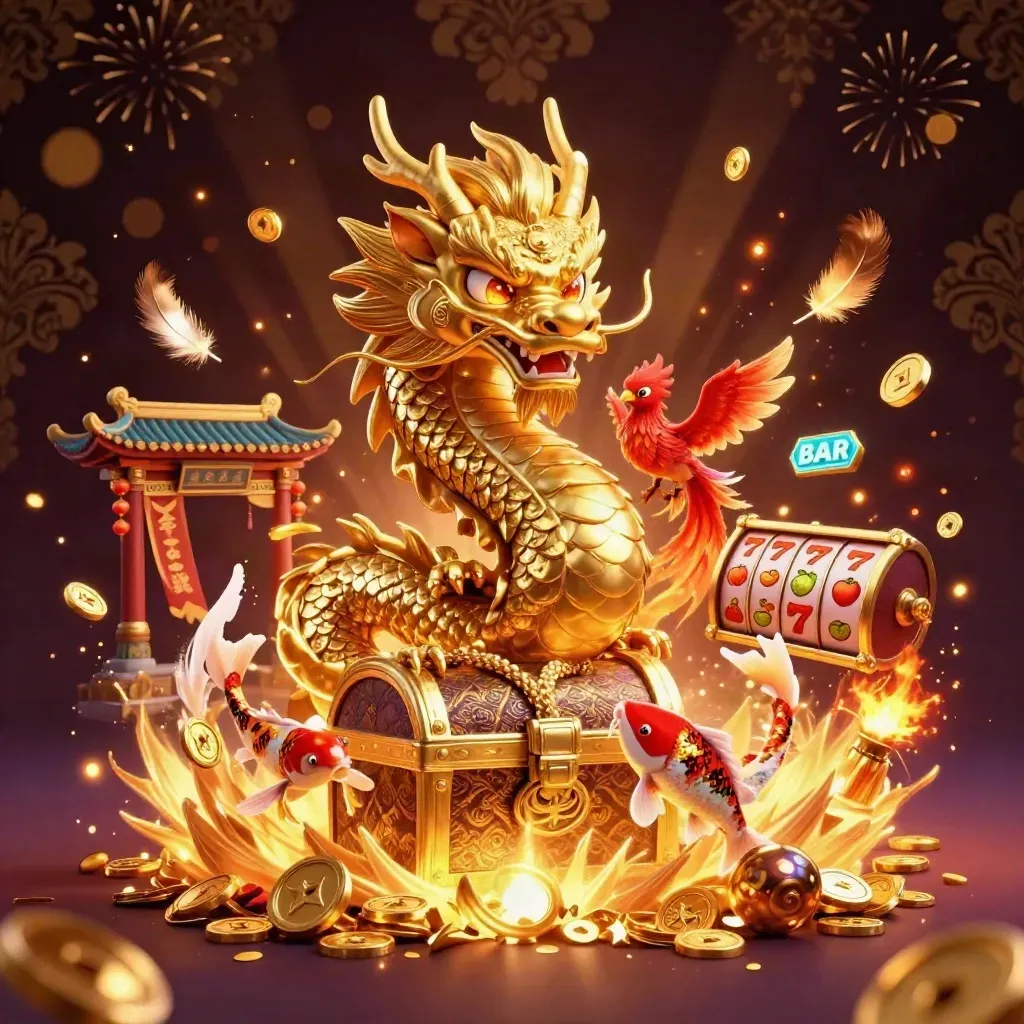Golden dragon, phoenix and koi burst from treasure amid coins, reels and fireworks.