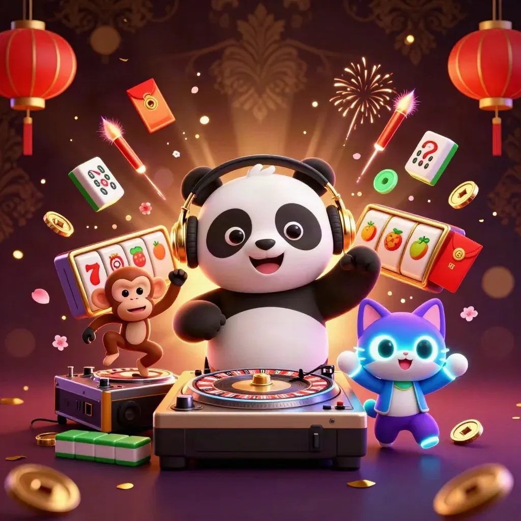 DJ panda, dancing monkey, and rave kitten amid casino icons and gold light