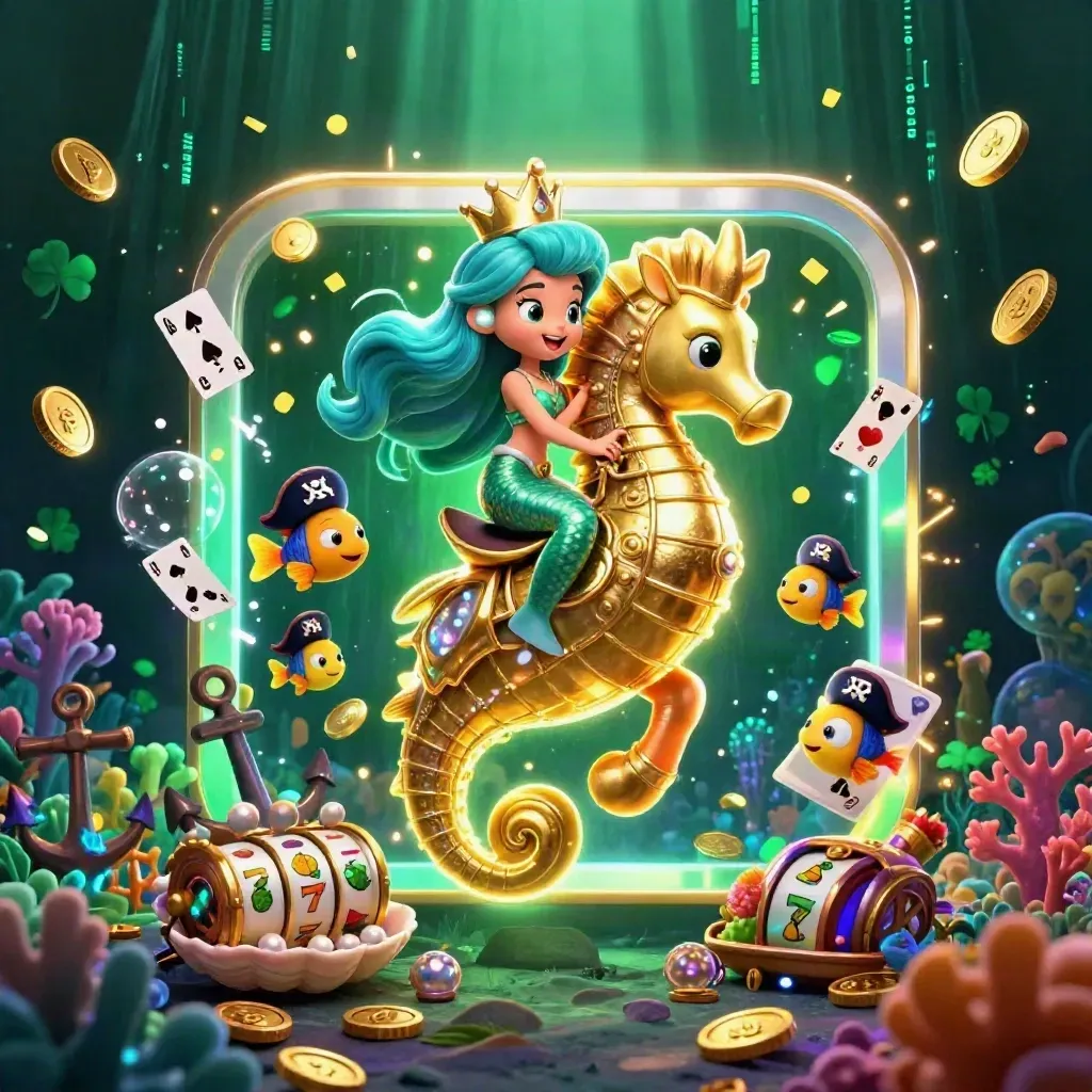 Mermaid princess rides a gold-armored seahorse amid treasure, fish, reels, and neon underwater glow.