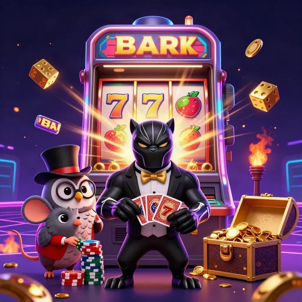 Black panther, owl and mouse amid a bursting slot machine, chips and gold on a neon casino backdrop.